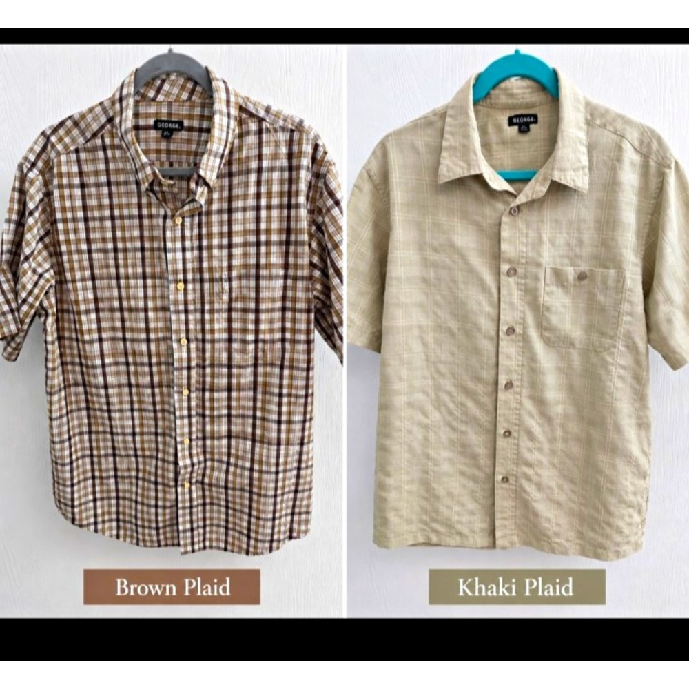lot of 2 George Mens Shirts 42 Plaid Short Sleeve Button-Up Pockets Brown Khaki